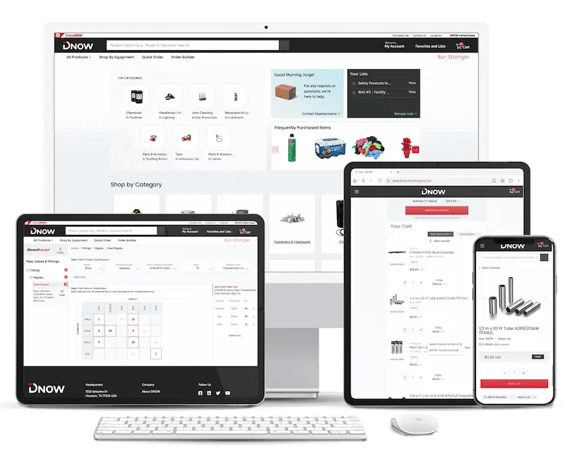 DNOW eCommerce website shop.dnow.com displayed on various devices including desktop, tablet, and mobile screens, showcasing user-friendly navigation, product categories, frequently purchased items, and an optimized cart experience.