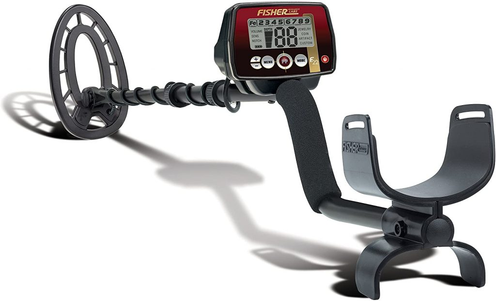 Fisaher F22 Weatheproof metal detector is a best beginner metal detector with  2 aa batteries, Visual target-id, Fe-tone and many other features. 