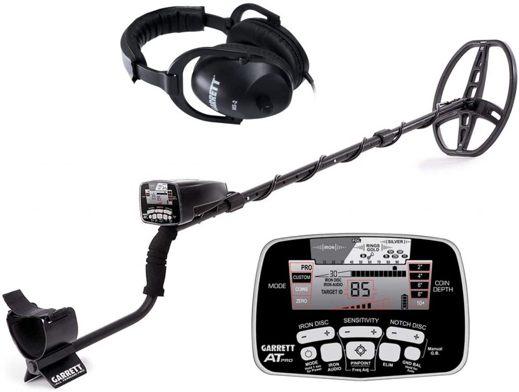 Garrett at pro metal detector with 8.5" x 11" PROformance DD submersible search coil and waterproof headphones which is sold separately.